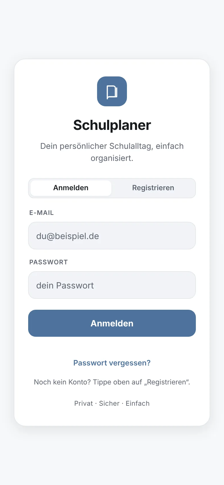 Anmeldung und Registrierung mit E-Mail und Passwort