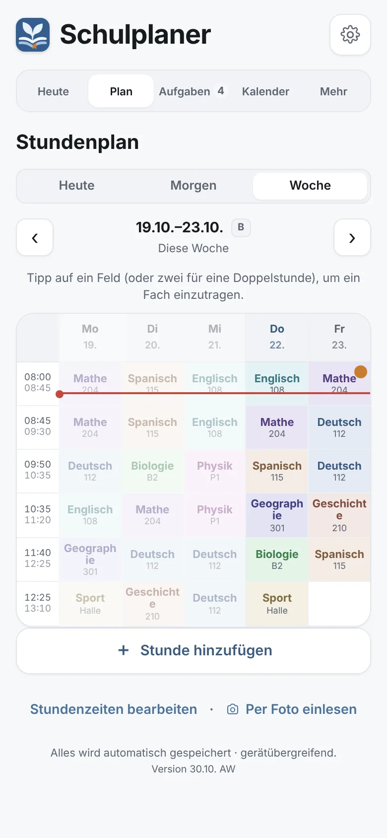 Wochenplan mit roter Jetzt-Linie, A/B-Woche und farbigen Fächern