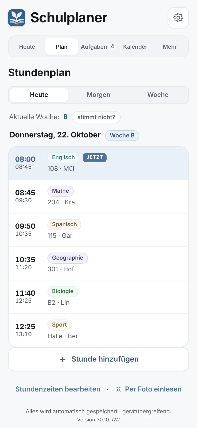 Tagesansicht des Stundenplans mit markierter laufender Stunde