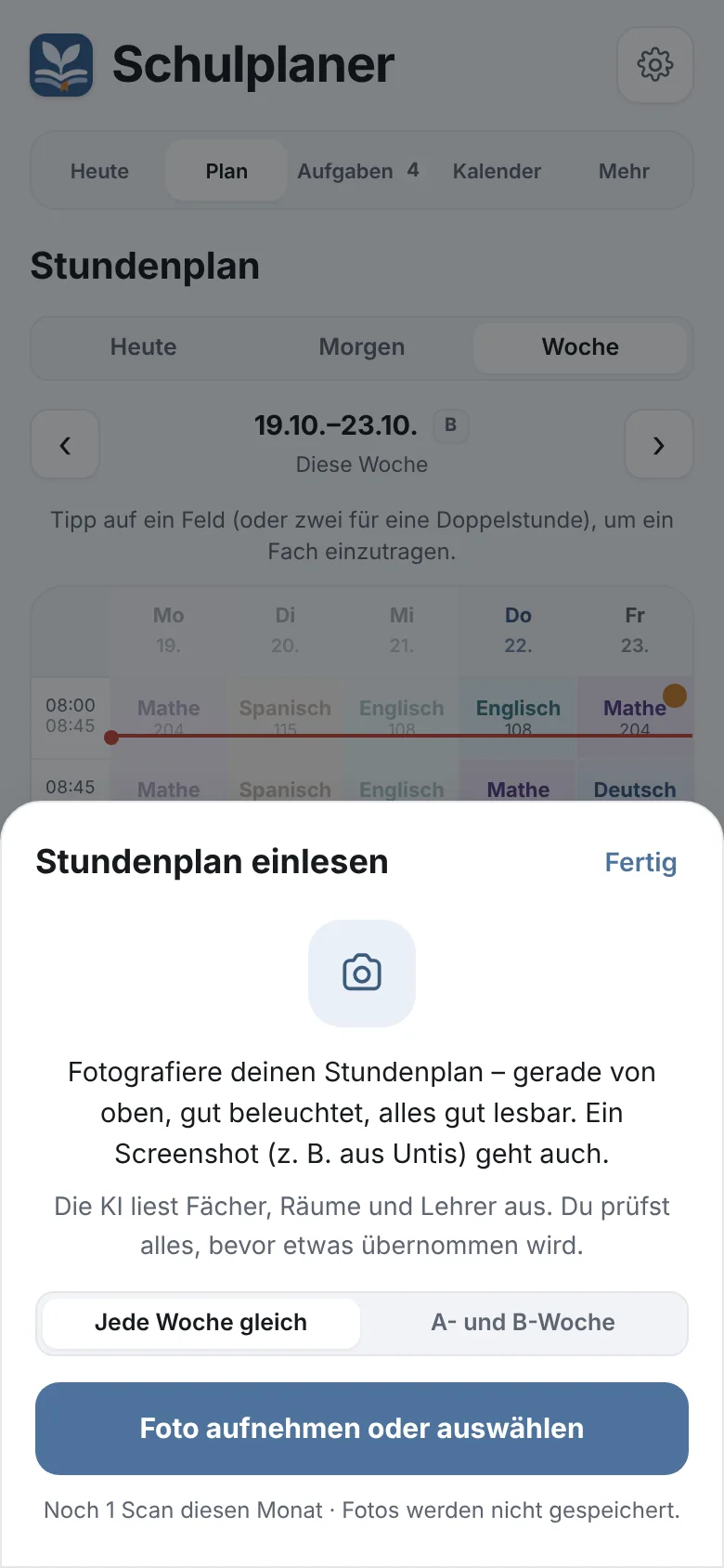 Stundenplan einlesen: Foto aufnehmen oder auswählen