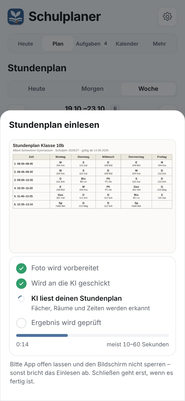 Die KI liest den fotografierten Stundenplan, Fortschritt in Schritten