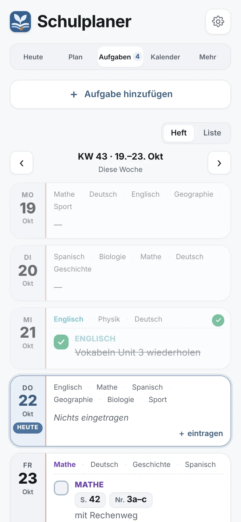 Heft-Ansicht: Die ganze Woche, Tag für Tag mit den Fächern des Tages