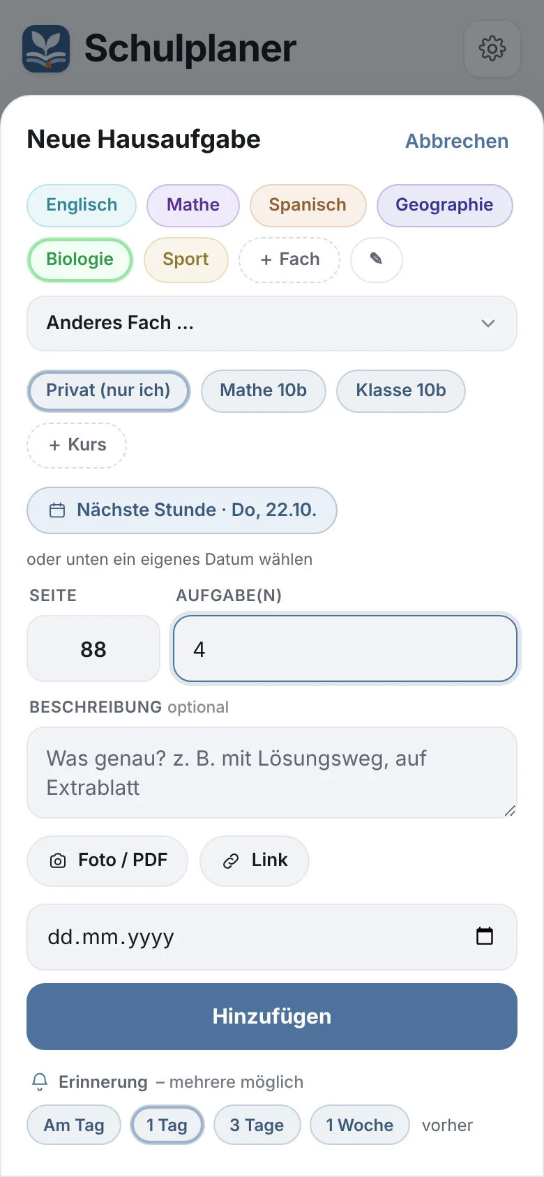 Neue Hausaufgabe eintragen: Fach, für wen, nächste Stunde als Datum, Seite, Aufgaben und Erinnerung