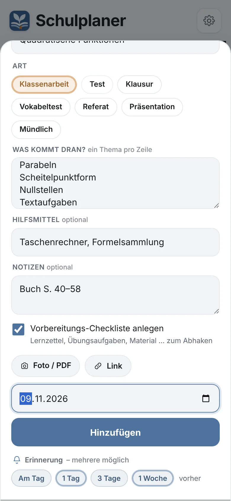 Klassenarbeit eintragen: Art, Themen, Hilfsmittel und Vorbereitungs-Checkliste