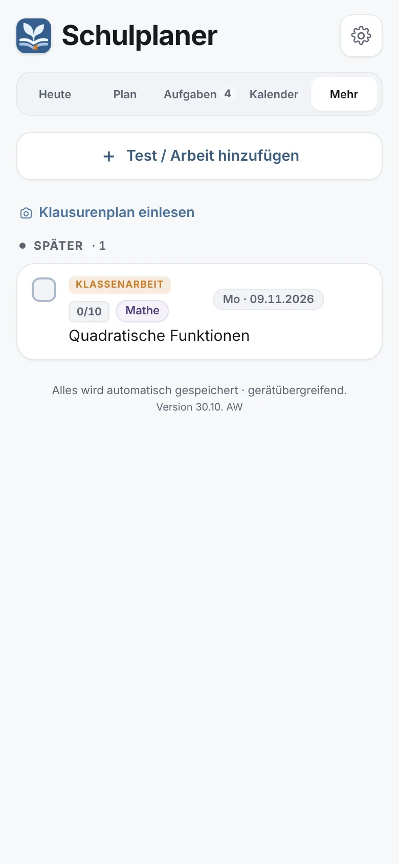 Tests & Arbeiten: Alle Arbeiten mit Art und Fortschritt