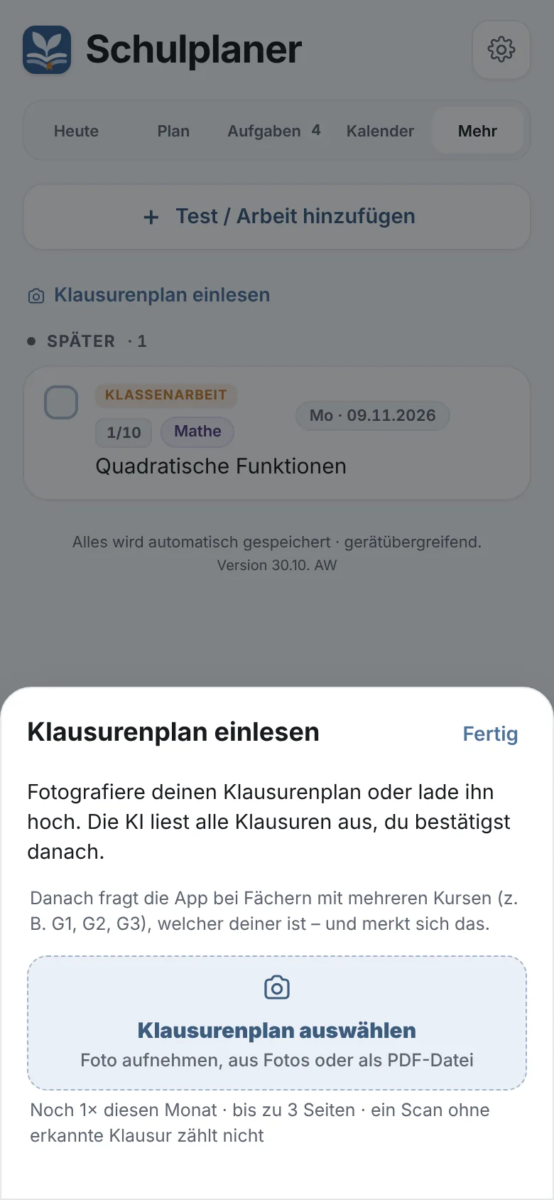 Klausurenplan einlesen: Foto, Bild oder PDF auswählen