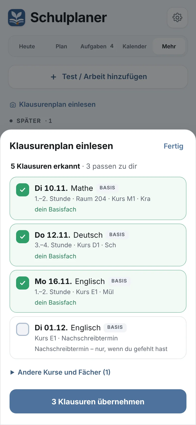 5 Klausuren erkannt, 3 passen zu dir – zum Bestätigen