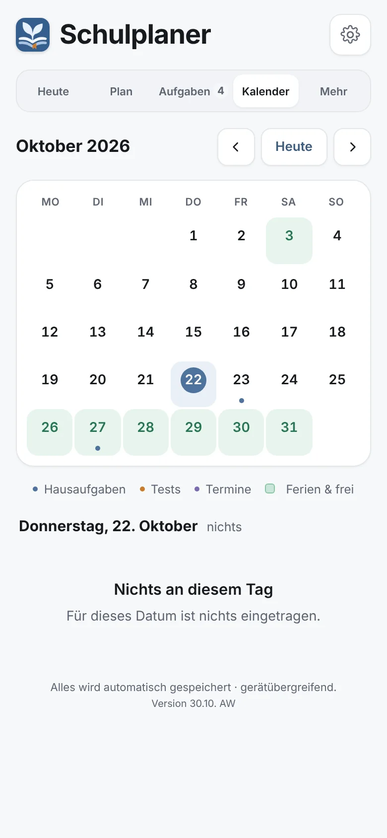 Kalender Oktober 2026 mit markierten Herbstferien und Punkten für Hausaufgaben, Tests und Termine
