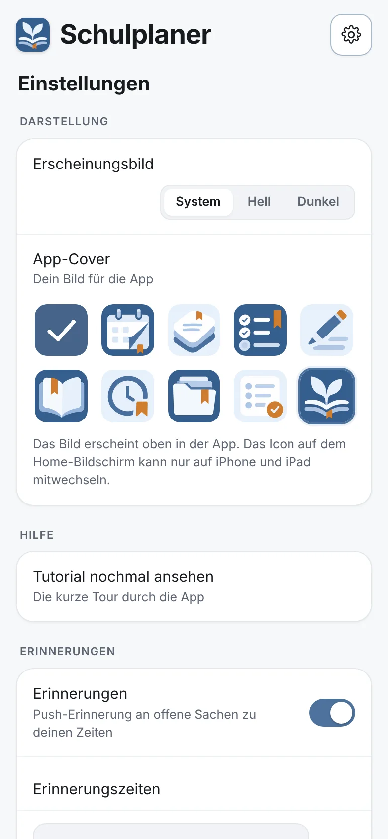 Einstellungen: Darstellung, App-Cover, Hilfe und Erinnerungen
