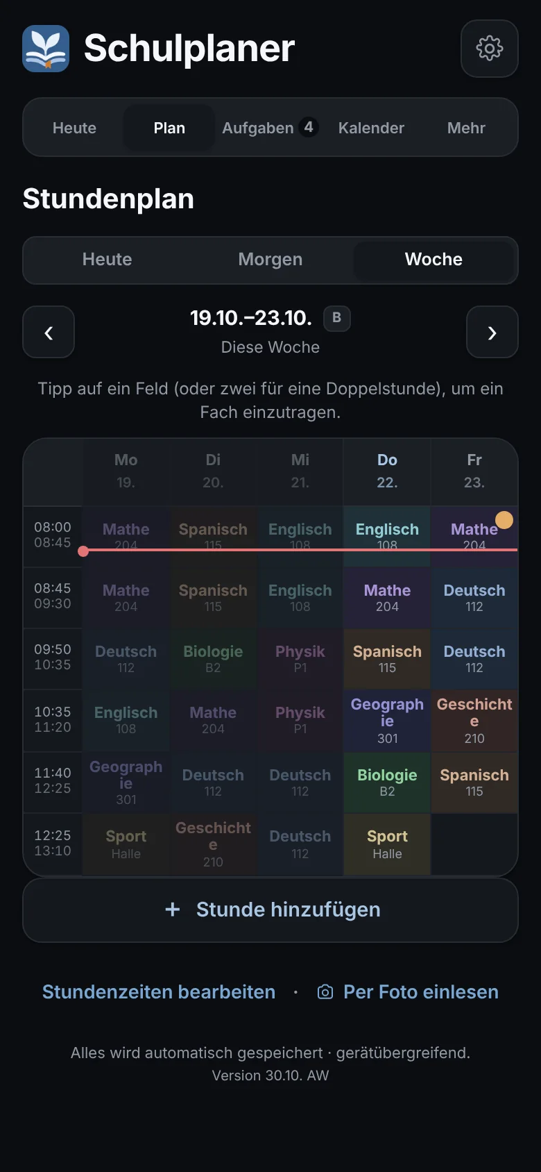Wochenplan im Dunkelmodus