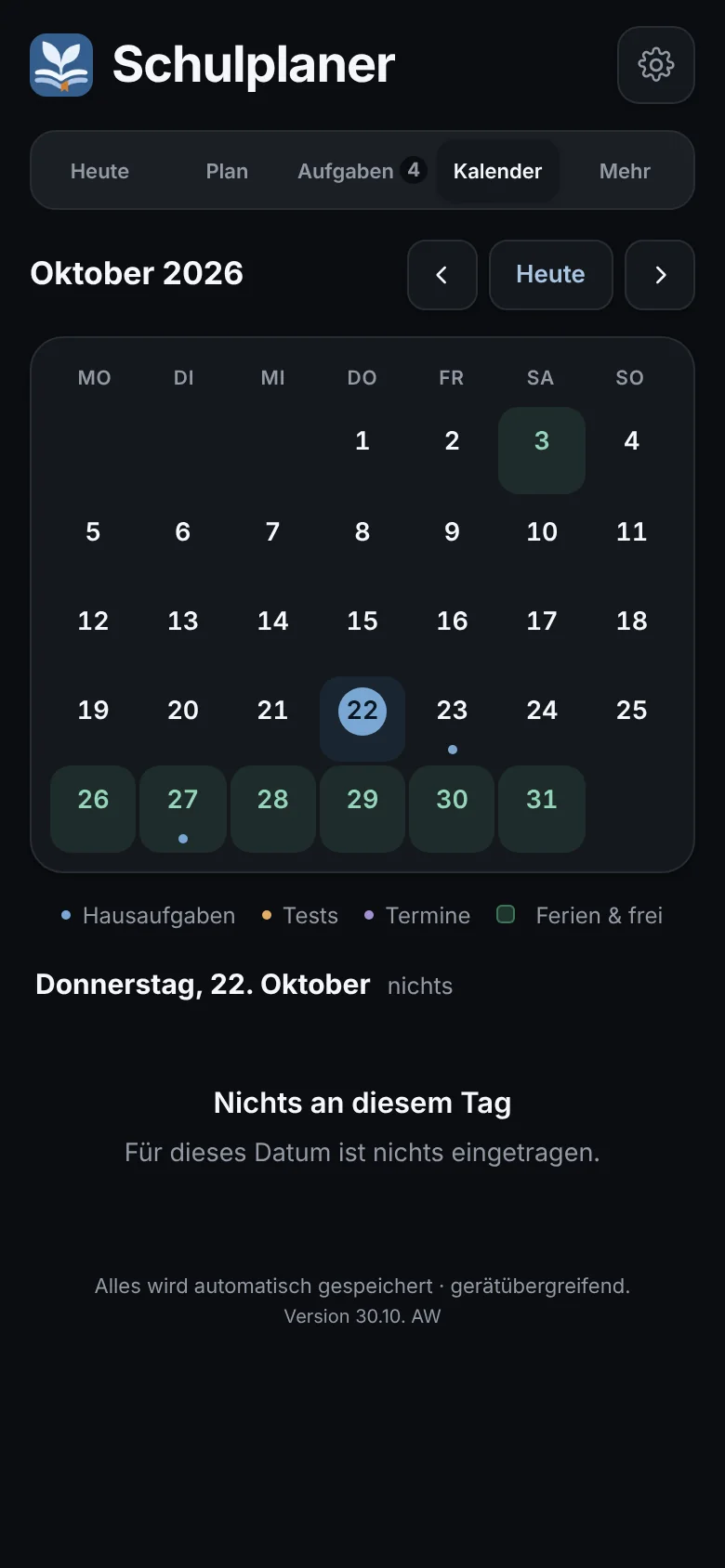 Kalender – dunkel: Ferien und Termine im Dunkelmodus