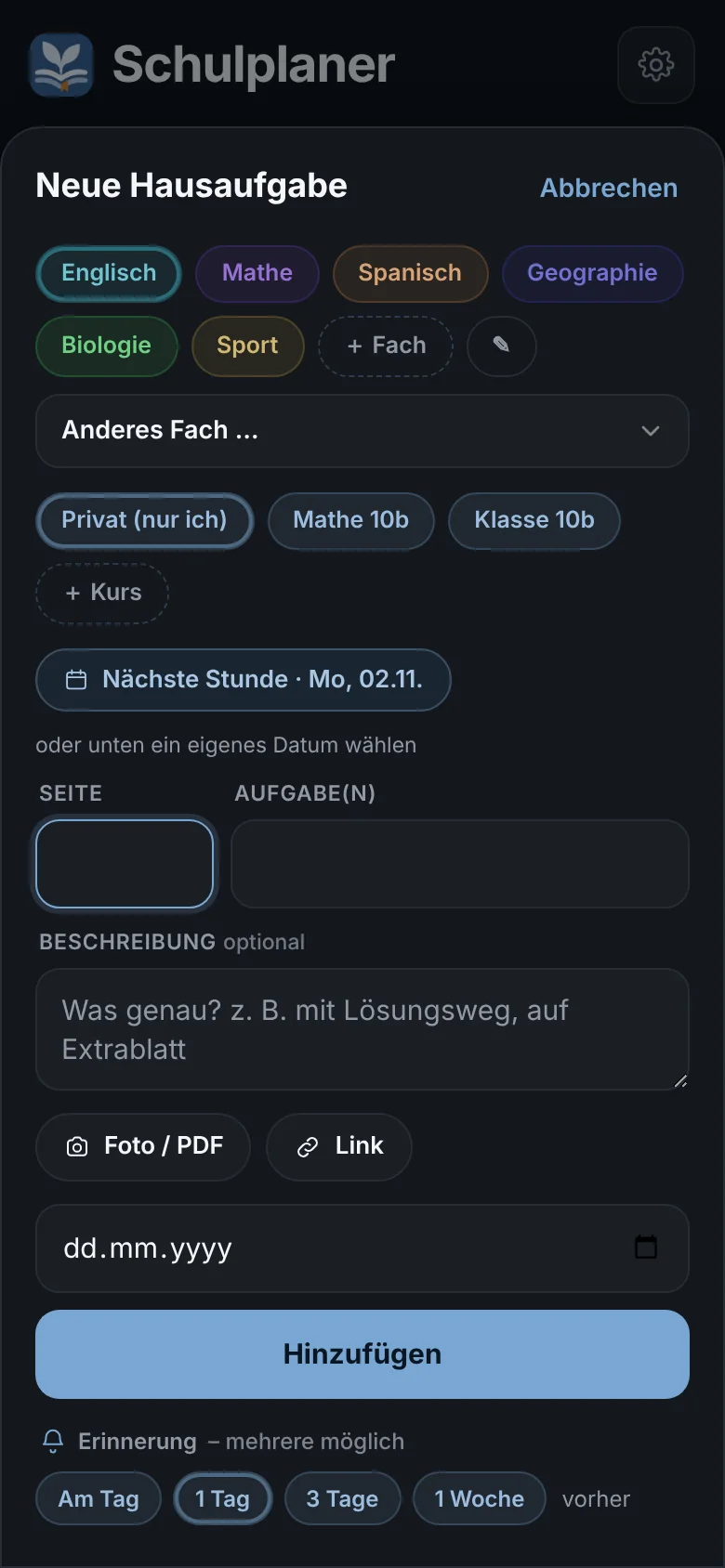 Eintragen – dunkel: Hausaufgabe eintragen im Dunkelmodus